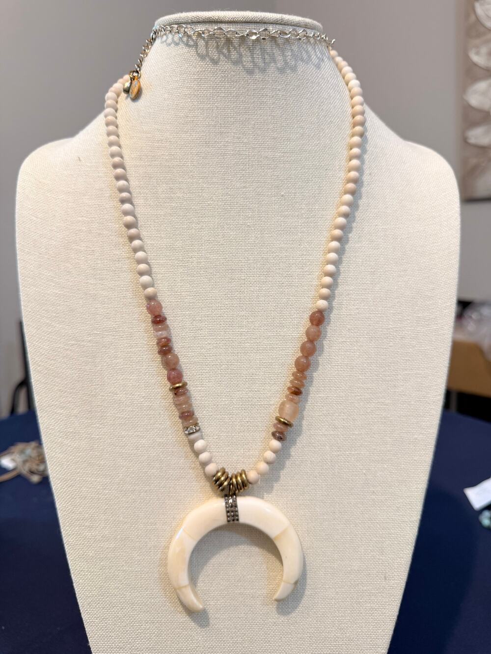 Vintage Crescent Horn Pendant Beaded Necklace 36”